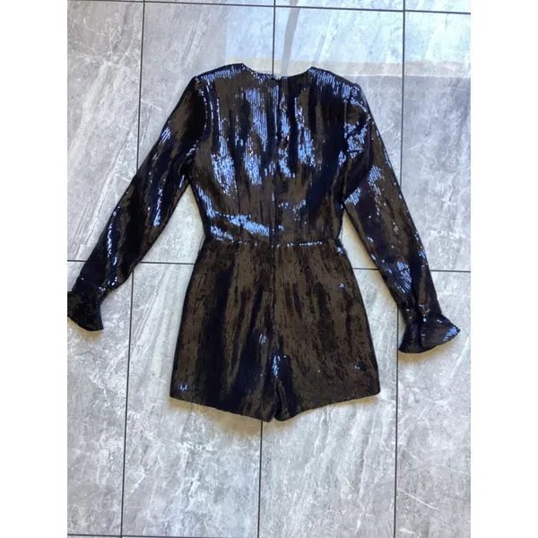 Retrofete Black Sequin Long Sleeve V-Neck Romper XS Party Event - Image 6