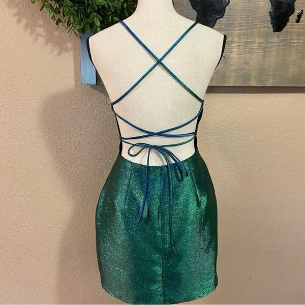 NWOT Lulus Impressive Confidence Shiny Green and Blue Lace-Up Mini Dress - Image 9