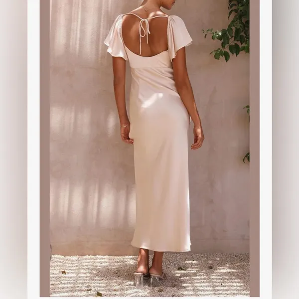 Champagne bridesmaid maxi dress formal summer gown flutter sleeves & open back - Image 2