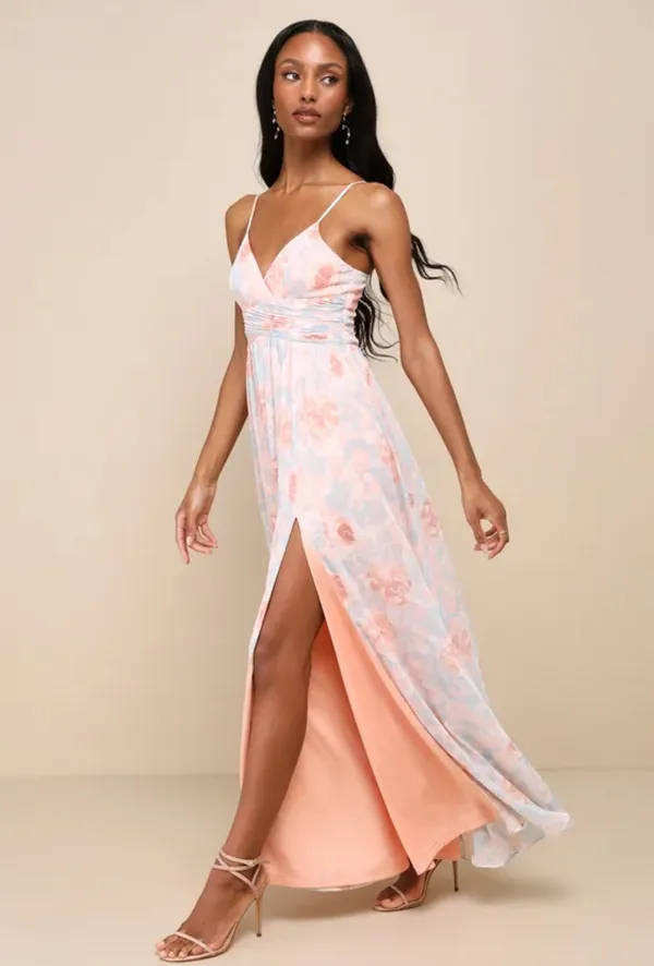 Lulus Exceptional Sweetness Peach Floral Chiffon Pleated Maxi Dress Size XL - Image 3