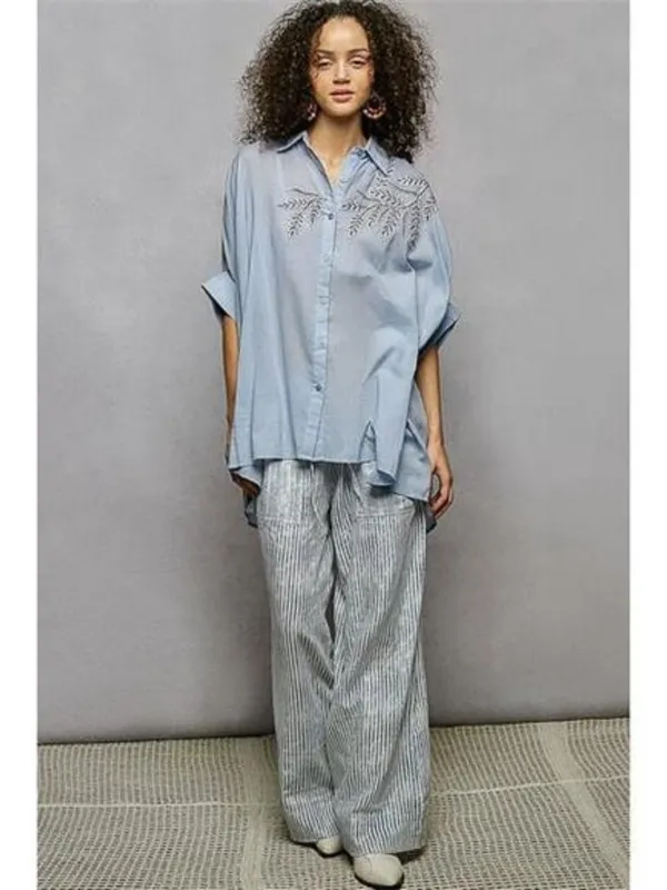 POL Button Down Embroidered‎ Floral High-Low Hem Shirt - Image 5