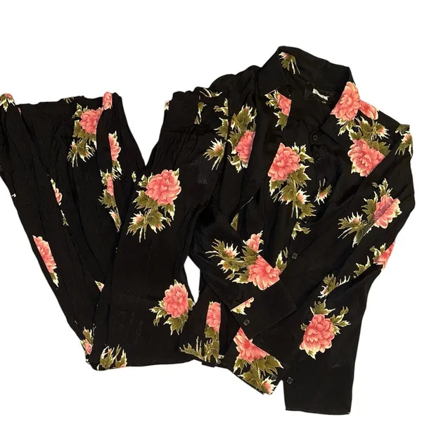 Reformation Two Piece Set Black & Pink Rose Print‎ Button Down & Flare Pants - Image 2