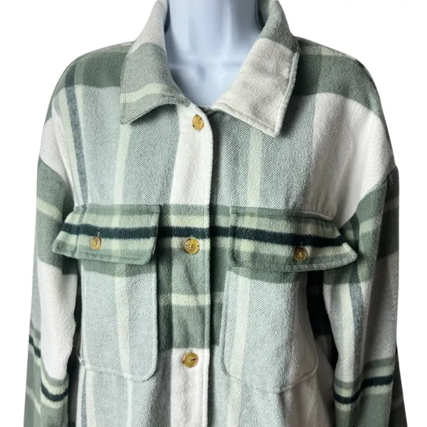 Banana Republic‎ Ivory Green Plaid Oversized Shacket Holiday Woolblend M - Image 3