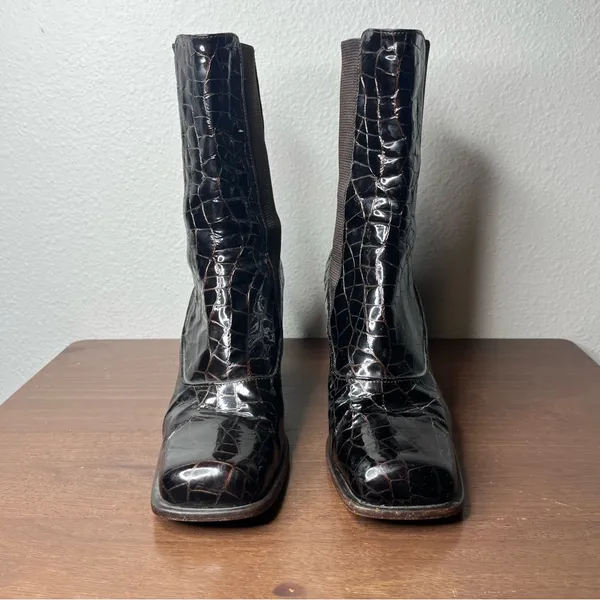VTG Michael Perry Dark Brown Leather Crocodile Square Toe Block Heel Ankle Boots - Image 4