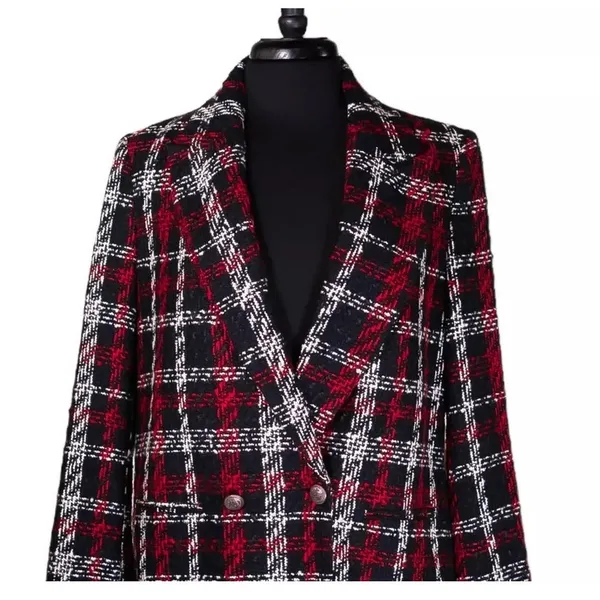 ZARA Overside Plaid Front Double Breasted Tweed Blazer Button Lined M Black Red - Image 3