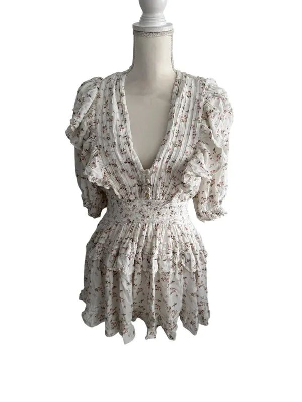 JENS PIRATES BOOTY Floral White Smocked Waist Mini Dress Size XL - Image 4
