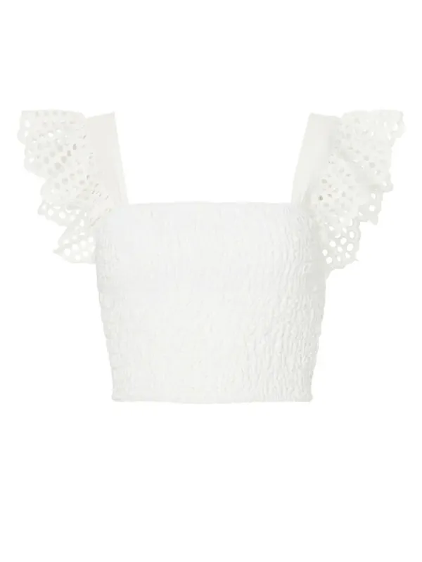 Misa Los Angeles Abelia Top White Smocked Eyelet Flutter Sleeve Crop Top Size S - Image 3