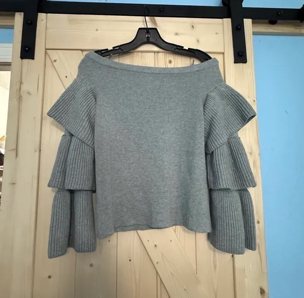 Endless Rose Off-the-Shoulder Tiered Ruffle Sleeve Sweater in Heather Grey 🩶 - Size S - Image 5