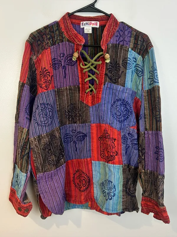EzHippie Vibrant Stonewashed Patchwork Om/Ganesha Pullover HIppie Top Medium Red - Image 2