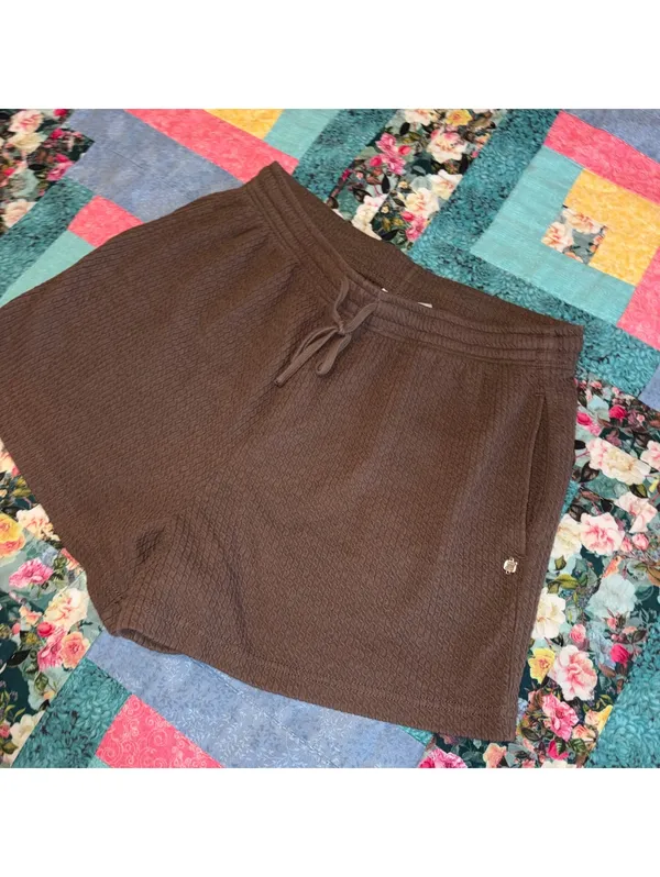 Fabletics Medium $50 Crinkle Knit High Waisted Brown Textured Athletic Shorts - Image 3