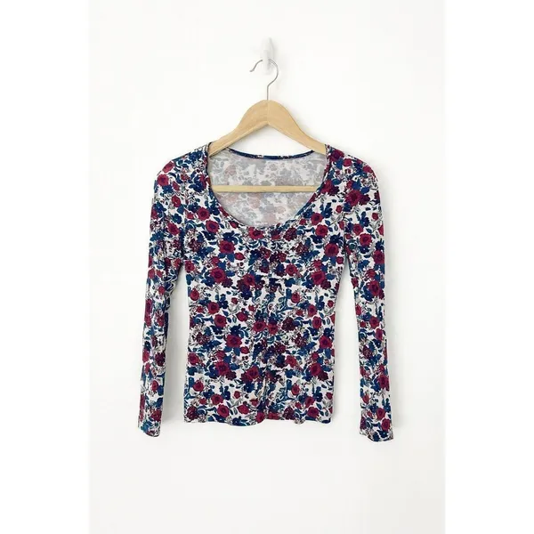 Tezenis Women’s Small Floral Long Sleeve Top Red Blue White Stretch Scoop Neck - Image 3