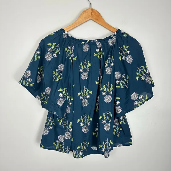 Old Navy Flutter Sleeve Tassel tie Boho Top Teal Floral Cotton Size Medium - Image 4