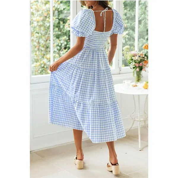 NEW Plaid Square Neck Puff Sleeve Ruffle Flowy Beach Midi Dress XL - Image 2