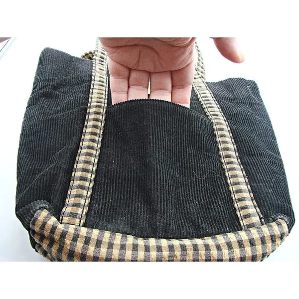 Longaberger Corduroy Plaid Tote Bag Purse Black Tan Khaki Check Homestead 9.5x10 - Image 10