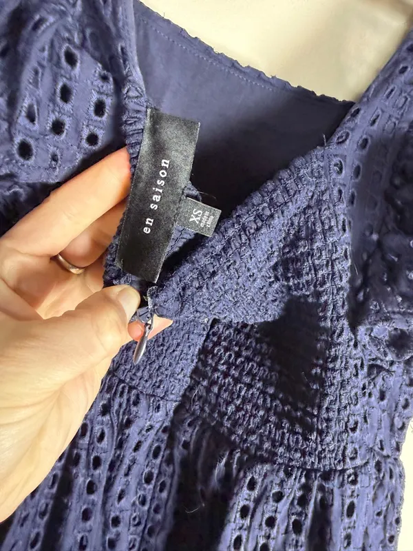 En Saison Tiered Eyelet Ruffle Sleeve Nap Midi Dress Sz XS Navy - Image 11