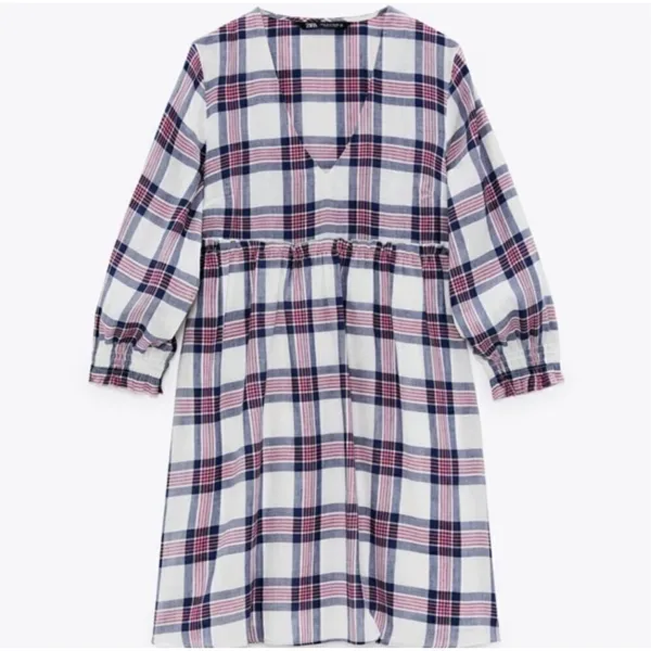 Zara White Red Blue Plaid V/Neck Fit& Flare Pleat Tunic Midi Dress Sz L - Image 2