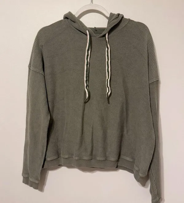 Aerie Ribbed Hoodie Sage Green Size Medium Cropped Sweatshirt Oversized - Image 2