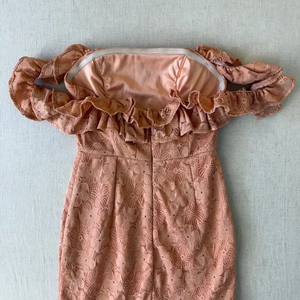 Hello Molly Lace Mini Dress Womens Size 4 Peach Coral Ruffle Off Shoulder Floral - Image 11