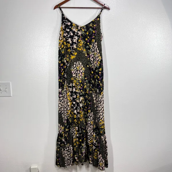 Tribal Jeans Floral Maxi Dress M Boho Black‎ Yellow Pink Summer Sundress Rayon - Image 2