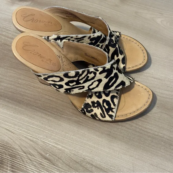 Crown by Born Leopard Print Calf Hair Cork Wedge‎ Sandal 8M Tan Black N22016 - Image 2