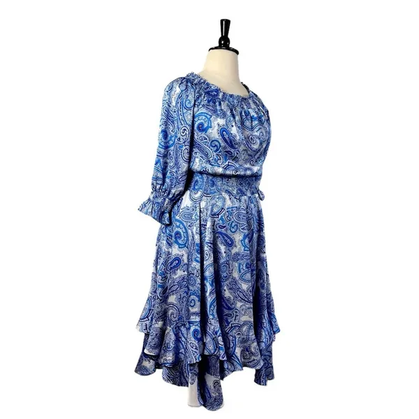 Tahari New Smocked Dress Asymmetrical Ruffle Hem Blue Paisley NWT Women Size 16 - Image 4