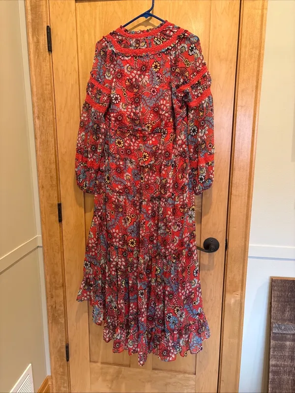 FREE PEOPLE Cassis Printed Chiffon Dress Red‎ Orange Paisley Floral XS Maxi - Image 4