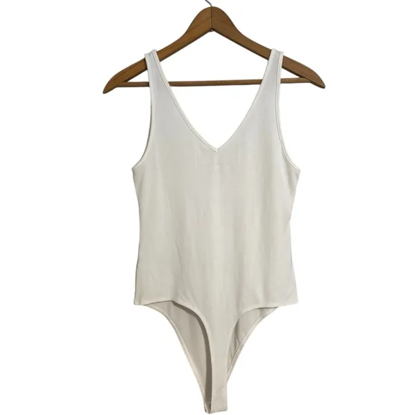 American Eagle White‎ Sleeveless Ribbed Bodysuit V-Neck Casual Top - Image 2
