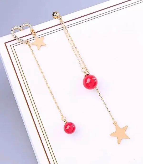 Crystal Heart Star Tassels Stud Drop Dangle Earring Gold - Image 2