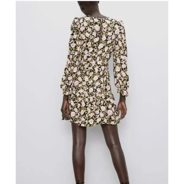 Zara Floral Puff Sleeve Mini Dress Size‎ Medium Retro Holiday Party Black Pink - Image 3