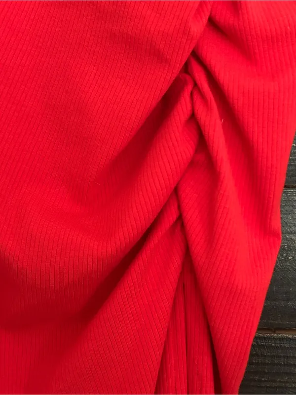 Lulus Centered on Style Red One-Shoulder Bodycon Ribbed Midi Dress Ruched Slit - Image 9