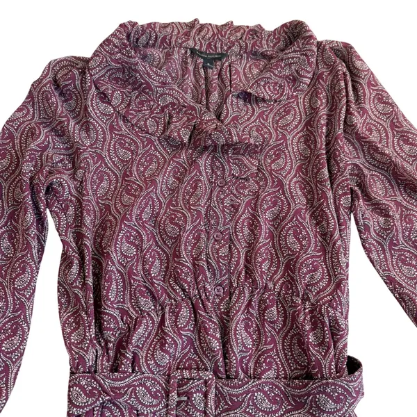 Banana Republic Paisley Midi Dress Womens Small Burgundy Ruffle Long Sleeve Belt - Image 3