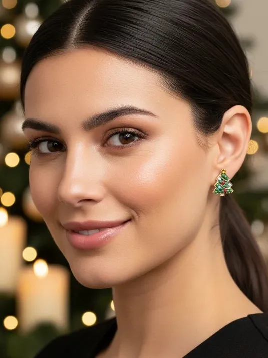 Gold-Tone Green Christmas Tree Stud Earrings with Red & Blue Accents - Image 2