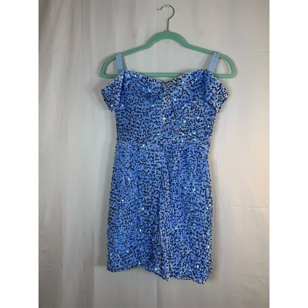 Womens Blue Sequin Ruched Bodycon Mini Dress Sweetheart Off Shoulder - Image 9