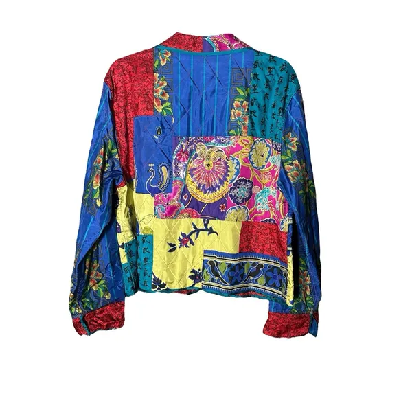Vintage 100% Silk Patchwork Chicos Jacket Large (2) Pockets‎ Boho Rainbow #A4-1 - Image 4