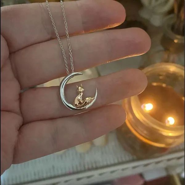 Fox and Crescent Moon Sterling Silver and Rose Gold Necklace - Image 2