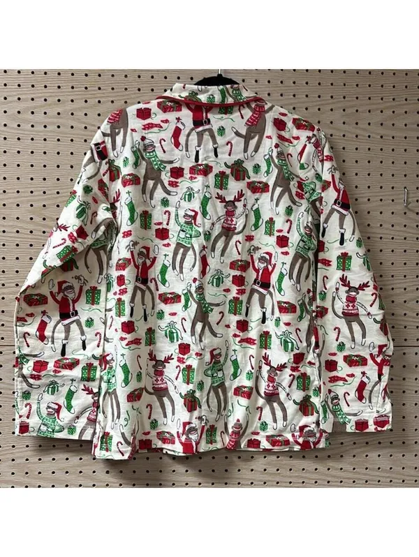 🇺🇸Munki Munki Cream Christmas Theme Long Sleeve Button Down Pajama Holiday Top - Image 6