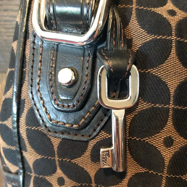 Fossil Brown Canvas Logo Leather Shoulder Strap Bag Purse With Key Fob Charm - Image 2