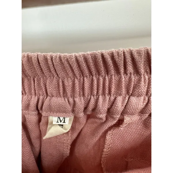 Pink 100% Linen Pull On Ankle Pants Women Medium Raw Hem Drawstring Coastal Boho - Image 6