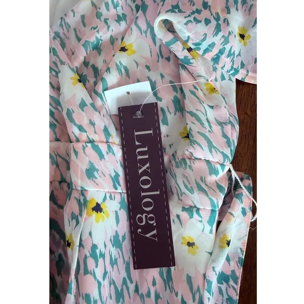 Luxology Women Pink Mint Floral‎ Faux Wrap Maxi Dress Short Flutter Sleeve NWT - Image 10