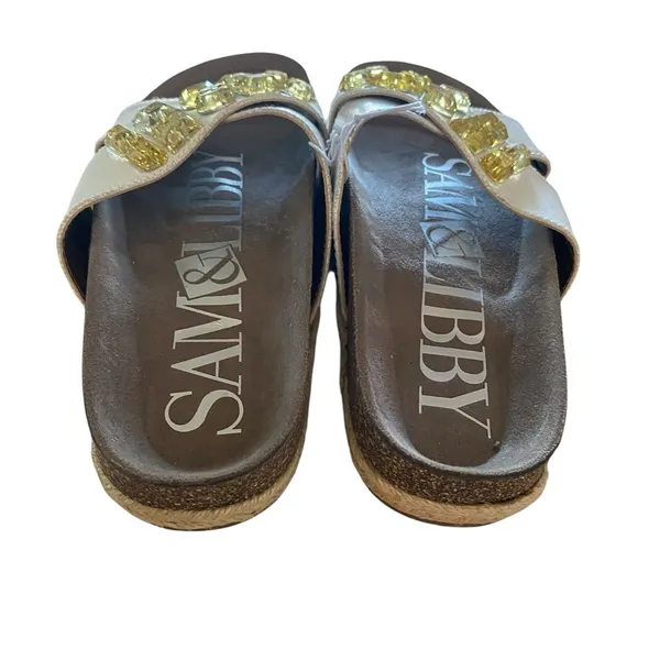 Sam & Libby white Sandals Yellow Rhinestone Coastal Birkenstock style slides - Image 6