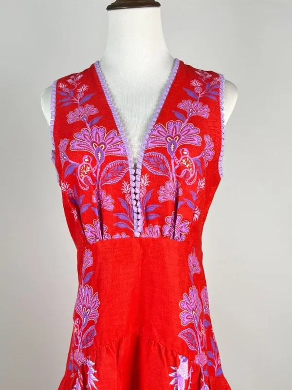 NWOT Farm Rio Porcelain Garden Red Linen Midi Dress Size L - Image 8