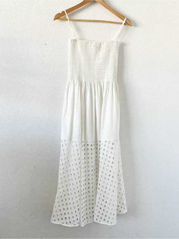 Solid & Striped Kennedy White Smocked Lace Cutout Midi Dress - Image 9