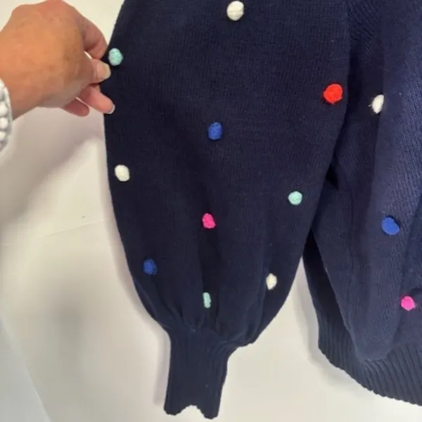 Crown & Ivy 1X Navy Turtleneck Sweater Multicolor Pom Pom Knit Long Puff Sleeve - Image 4