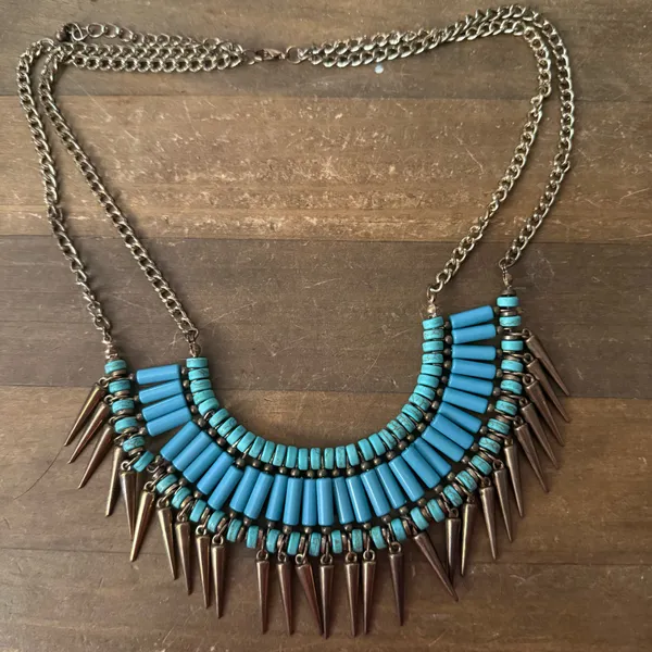 Gold tone turquoise bead spike statement necklace Blue - Image 2
