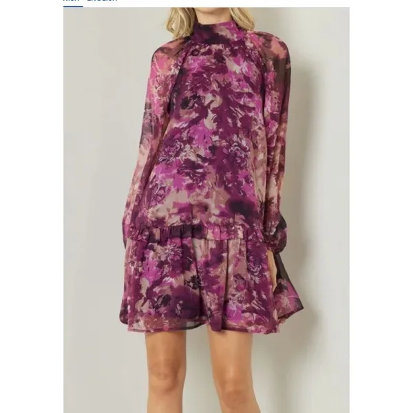 Entro Boutique Shirred‎ High Neck Tiered Mini Dress Size Small Floral - Image 5