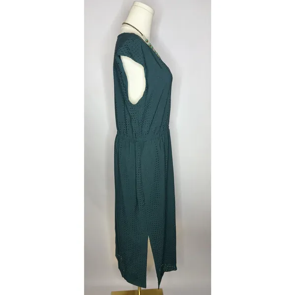 J.Crew‎ Teal Textured Perforated Midi Dress Elastic Waist Size 10 - Image 9