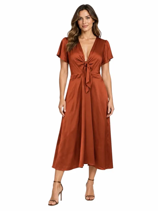 Baltic Born Poppy Satin Midi Dress Size XXL Rust Tie Front Stretch Wedding Guest - Image 13