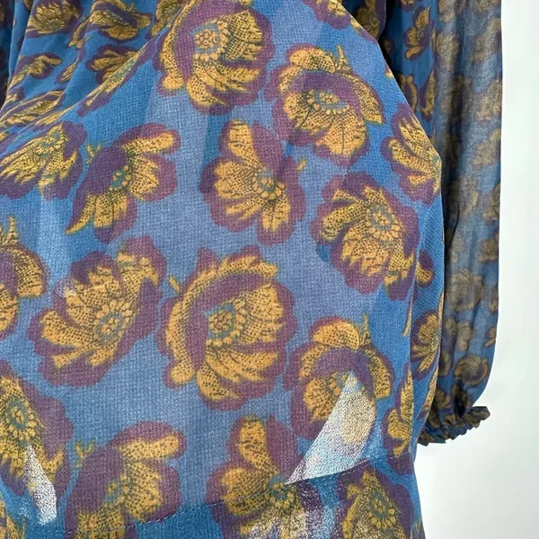 LOFT XS Floral Smocked Blouse Blue Mustard Purple Yoke‎ Keyhole EUC Flowy Fall - Image 3