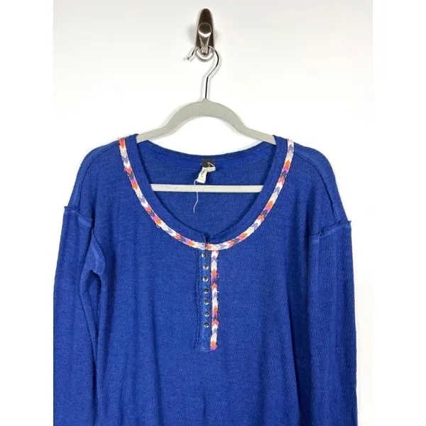 We The Free Blue Thermal Henley Long Sleeve Shirt‎ Top Size L - Image 2