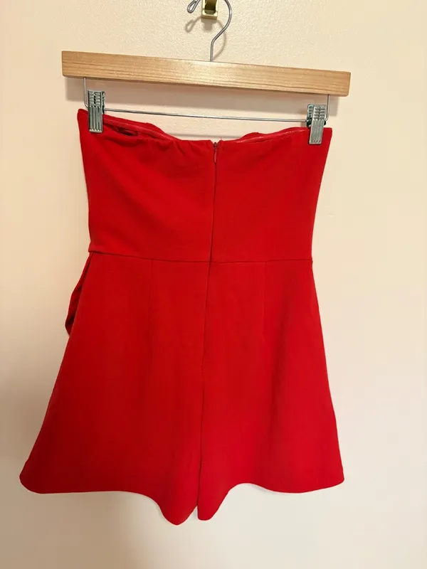 Call Me Up Red Ruffled Strapless Skort Romper - Image 3